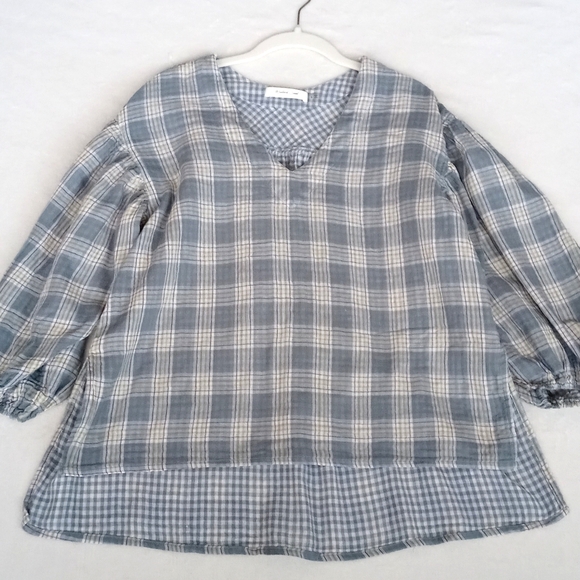 Mustard Seed Tops - Mustard Seed Women's Blue White Plaid 3/4 Puff Sleeve High Low Blouse S